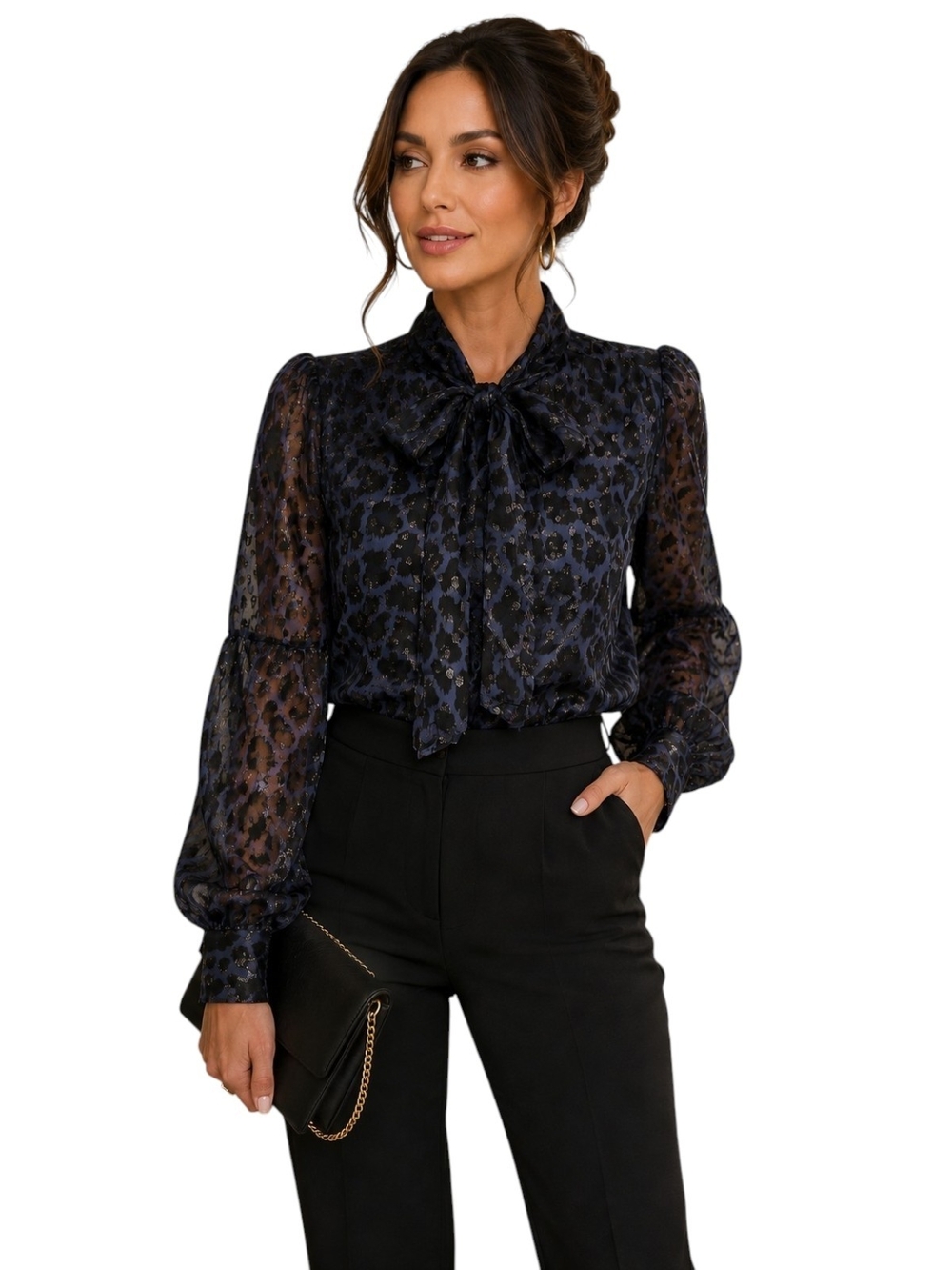 Kate Spade "Wild Ones" Clip Dot Leopard Blouse Silk Metallic Neck Bow Large